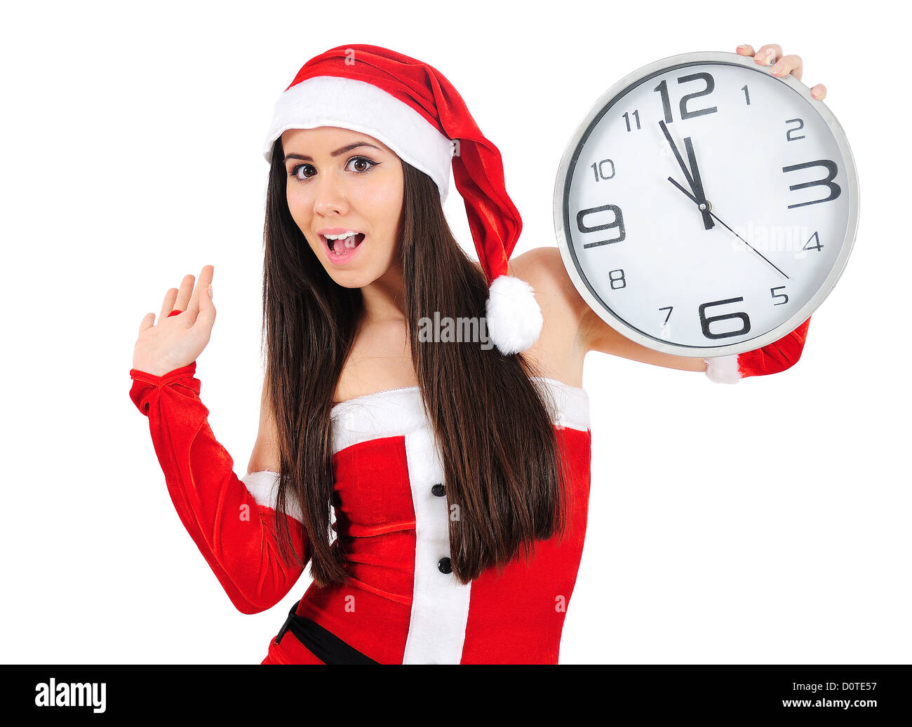 Isolato giovane ragazza di Natale con orologio Foto Stock