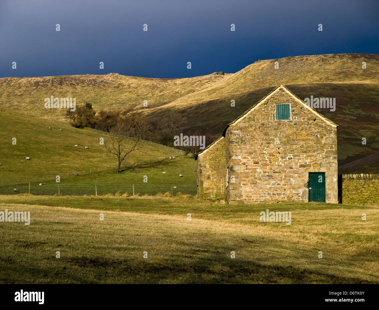 Un fienile al di sotto del bordo meridionale di Kinder Scout, Parco Nazionale di Peak District Foto Stock