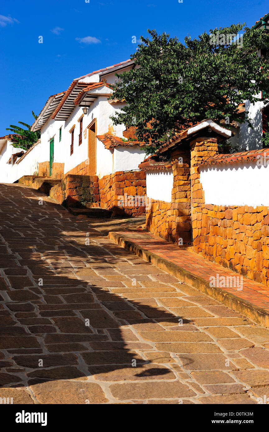 Di ciottoli di pietra, street, pareti, coloniale, Città, Barichara, Colombia, Sud America Foto Stock