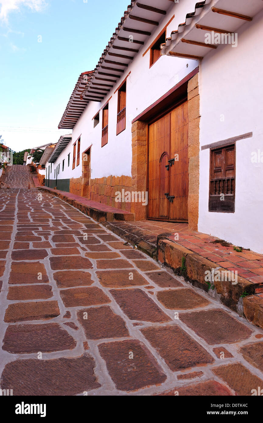 Di ciottoli di pietra, street, coloniale, Città, Barichara, Colombia, Sud America Foto Stock