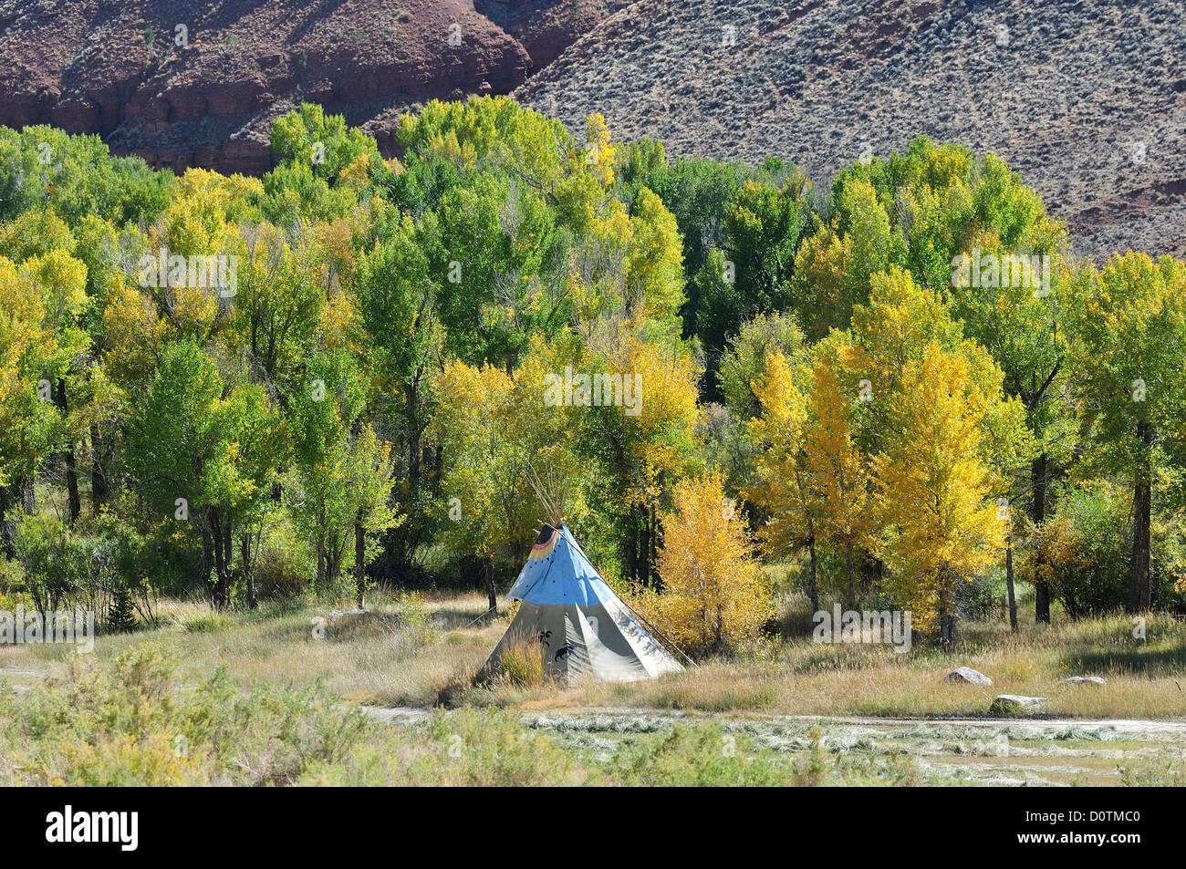 Tende tepee, Wind River, fiume, Dubois, Wyoming USA, Stati Uniti, America, America del Nord, i nativi americani, indiani, Zelt Foto Stock