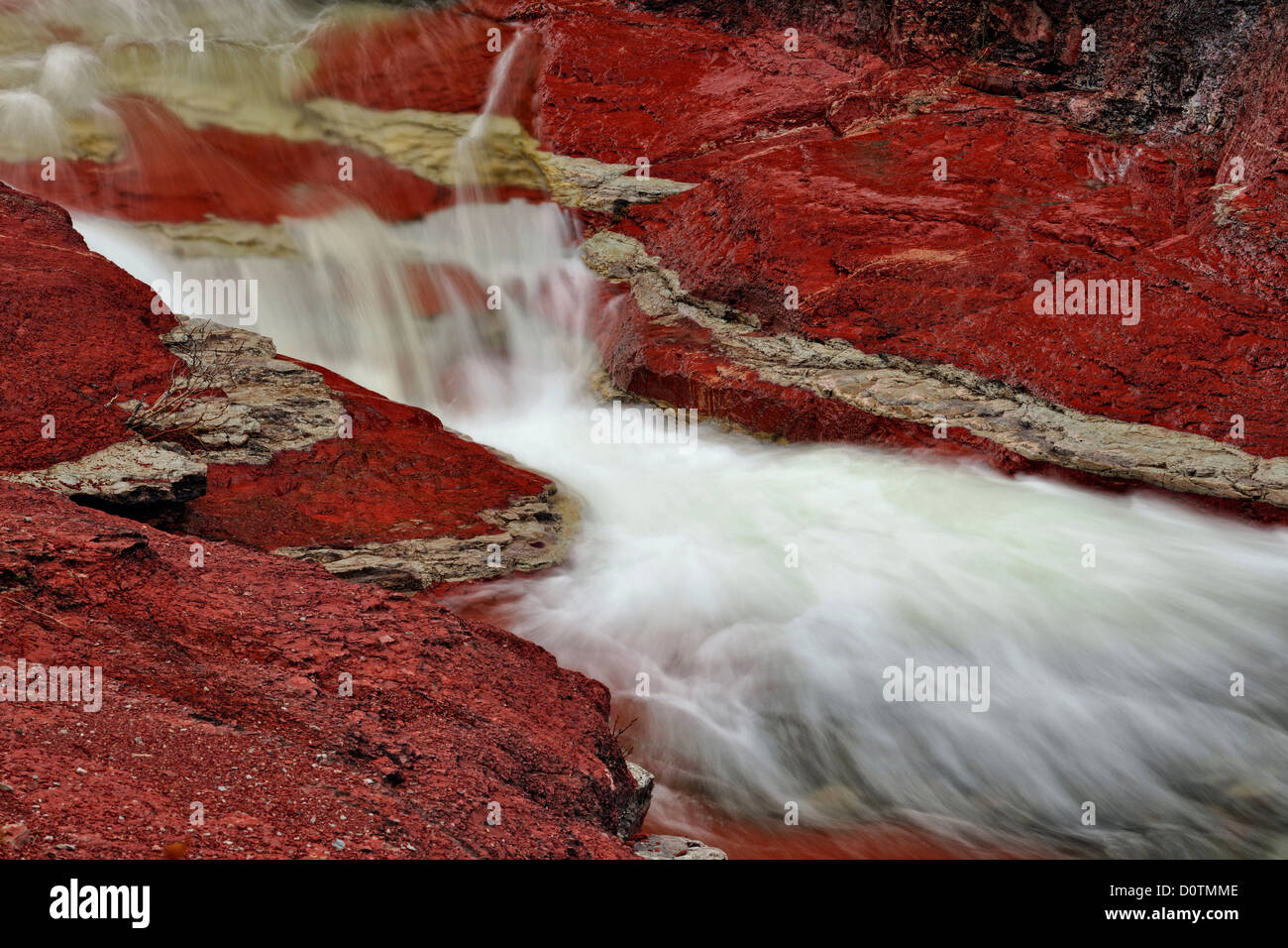 Il Red Rock Creek che scorre attraverso il eroso argillite sedimenti di Red Rock Canyon, il Parco Nazionale dei laghi di Waterton, Alberta, Canada Foto Stock