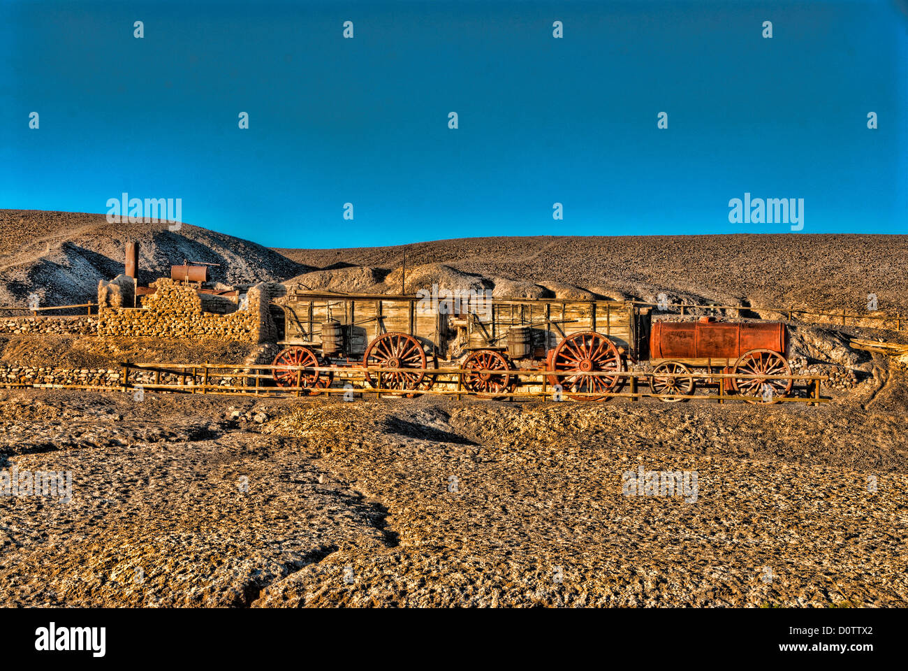 20 mule team borace, storico, Valle della Morte, parco nazionale, borace, industria, vecchio, geologia, minerale, California, Stati Uniti Foto Stock