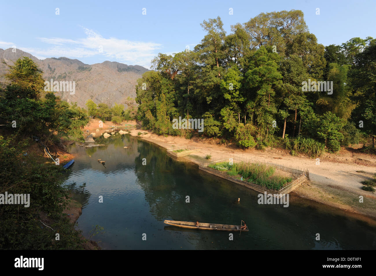 Laos, Asia, banca Kong Lo, fiume, flusso, Tham Kong Lo, barca, paesaggio, paesaggio, Foto Stock