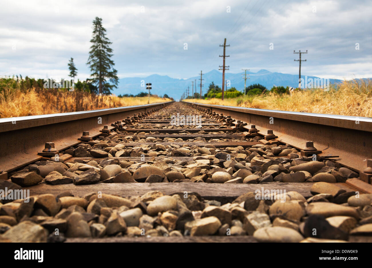 Un livello di terra vista lungo i binari ferroviari del Tranz ferroviaria alpina, Canterbury Isola del Sud della Nuova Zelanda Foto Stock