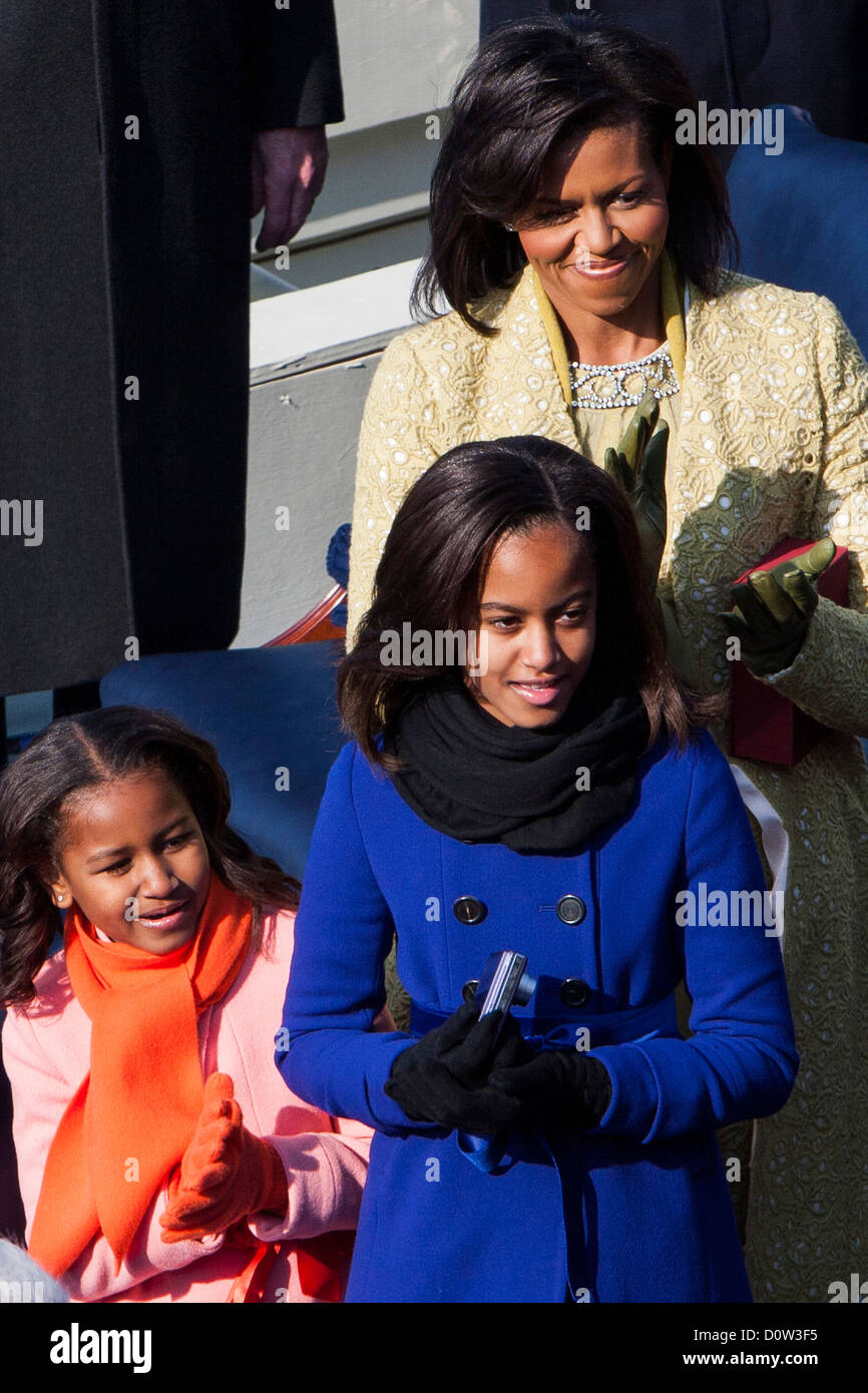 La cerimonia di insediamento del Presidente Barack Obama, 20 gennaio 2009. Michelle Obama e le figlie Sasha e Maila partecipare. Foto Stock