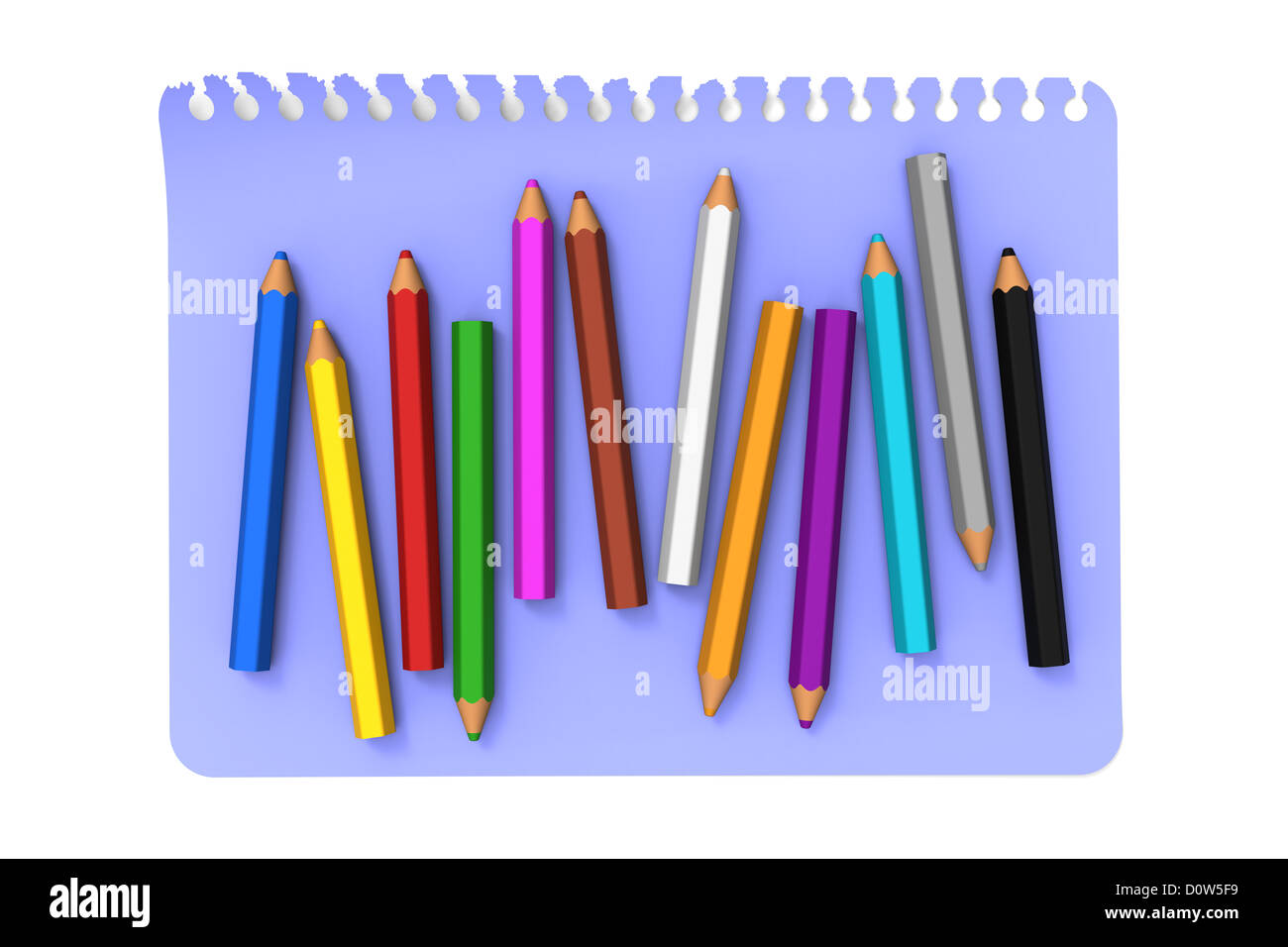 Modello 3D di matite colorate su blue note carta di messaggio Foto Stock