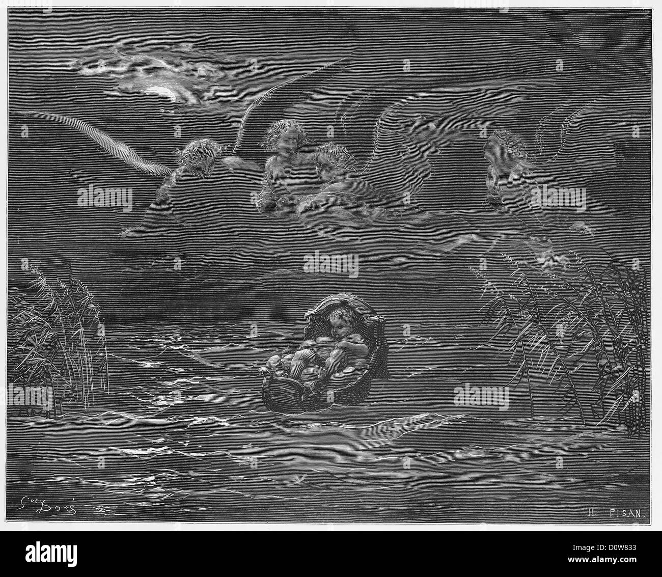 Mosè sul fiume Nilo in un cestello Foto Stock