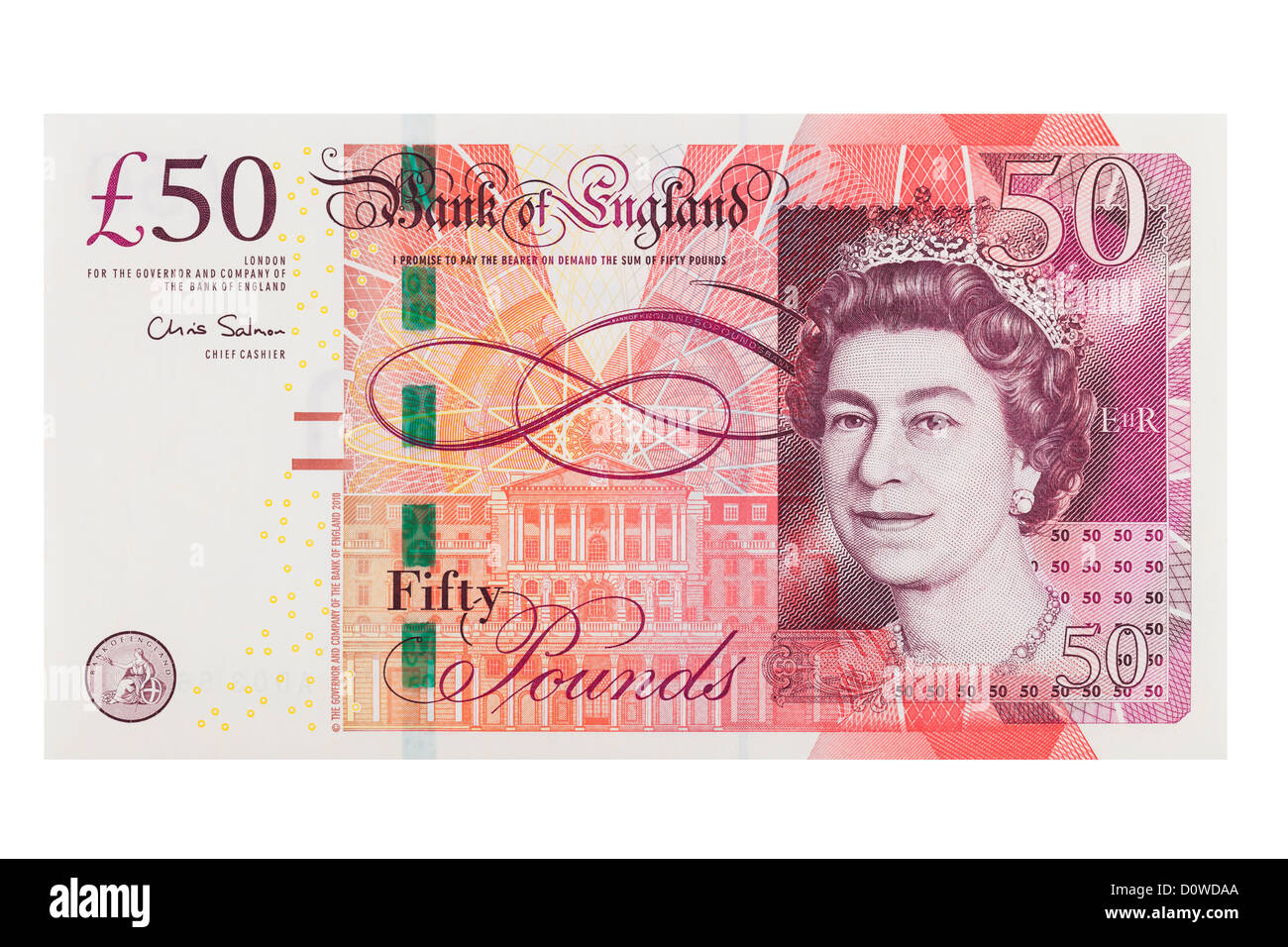 Inglese cinquanta pound nota su sfondo bianco Foto Stock