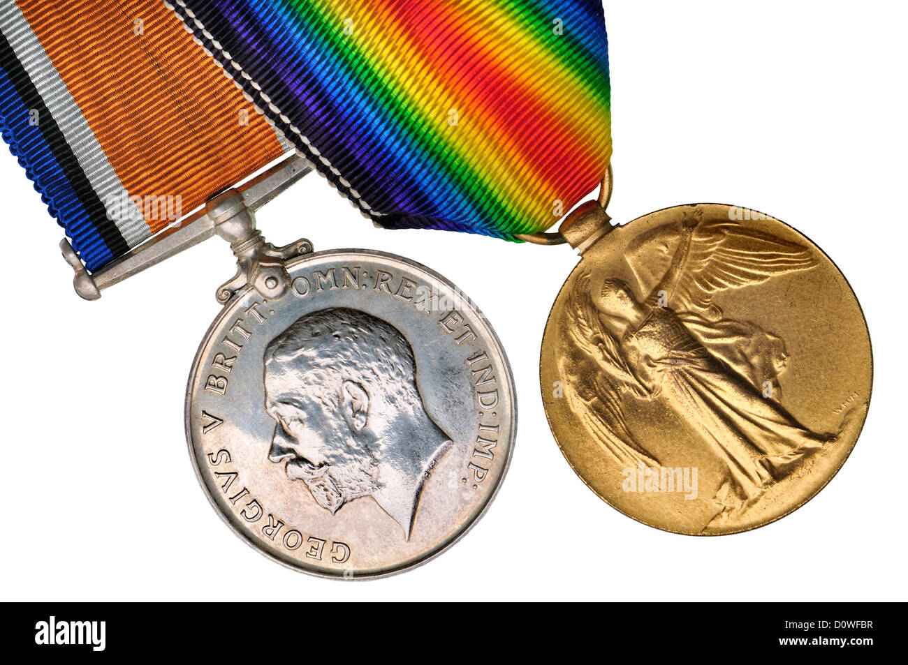 Prima Guerra Mondiale British medaglie. Medaglia Vittoria (destra) Guerra medaglia (sinistra) Foto Stock