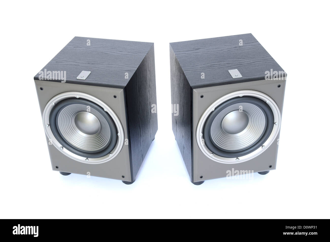 Due profesional sub-woofer isolato su bianco Foto Stock