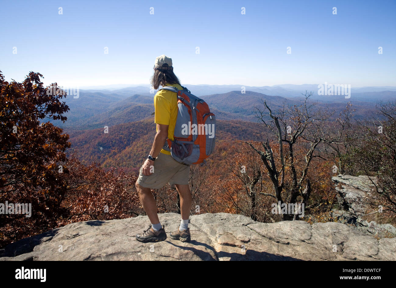 Escursionista sulla cima della montagna di sangue nel sangue e selvaggia montagna del Chattahoochee National Forest. Elevazione 4,458 m. Foto Stock