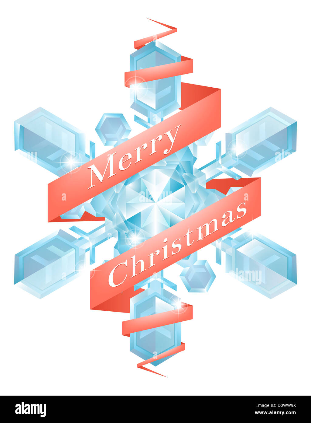 Illustrazione di un fiocco di neve di Natale o il simbolo del fiocco di neve Decorazione per albero di Natale con auguri di Buon Natale nastro Foto Stock