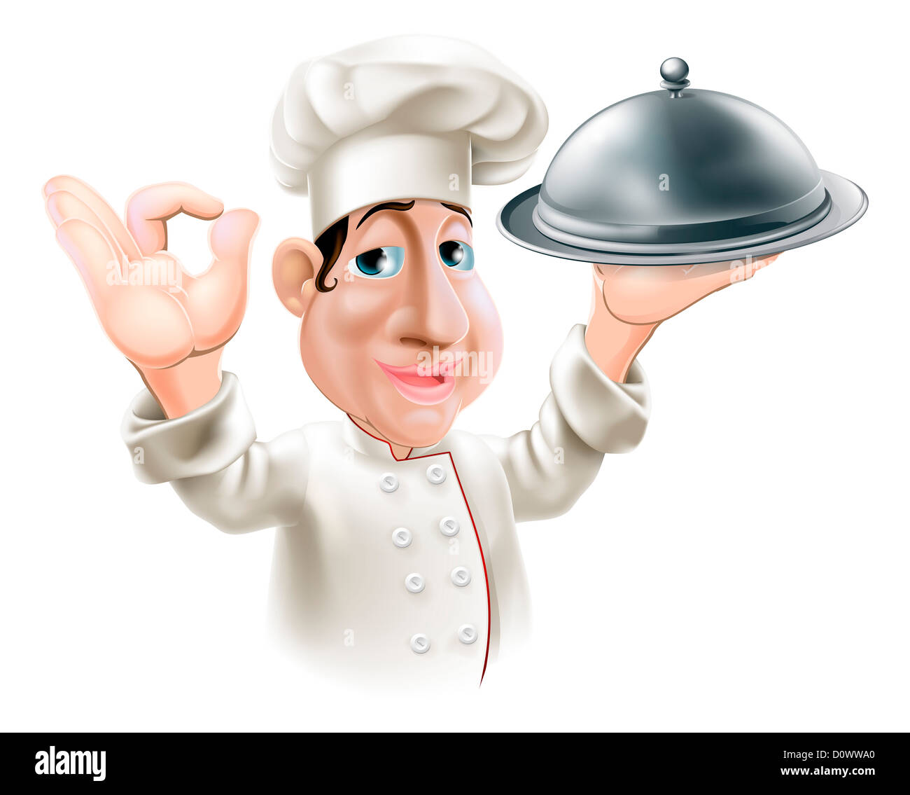 Illustrazione di un cartoon amichevole chef felice con argento vassoio sorridente e facendo segno ok Foto Stock
