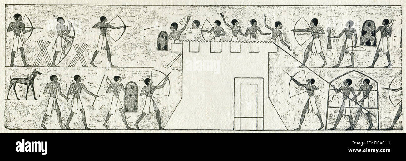 Questa illustrazione di un assedio di una fortezza mostra un attacco su un egiziano fortezza da truppe portante i vari bracci. Foto Stock