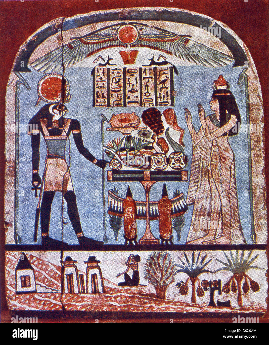 Questo paesaggio funerario dipinto sulla stele di Djedamuniu(es)ankh dalla sua tomba nella parte occidentale di Tebe date alla ventiduesima dinastia. Foto Stock