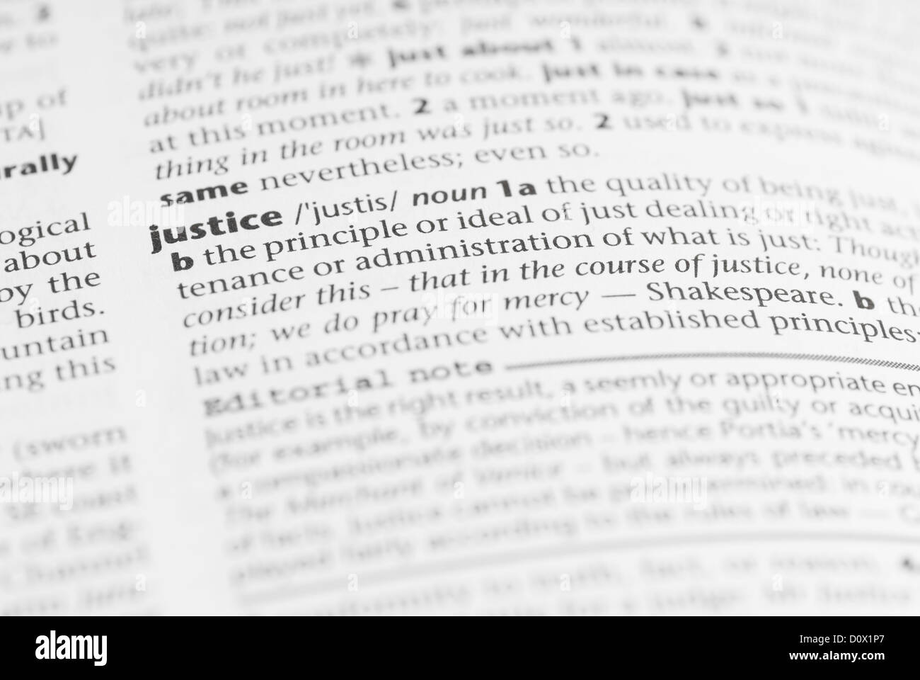 Macro immagine della parola del dizionario: la giustizia. Foto Stock