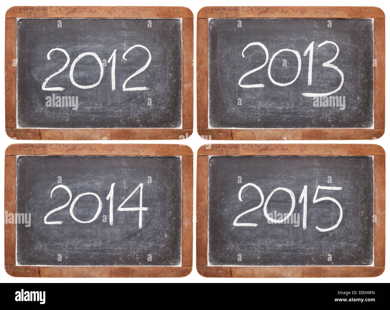 Corrente in entrata e anni, 2012, 2013, 2014, 2015 su vintage ardesia Lavagne, isolato su bianco Foto Stock