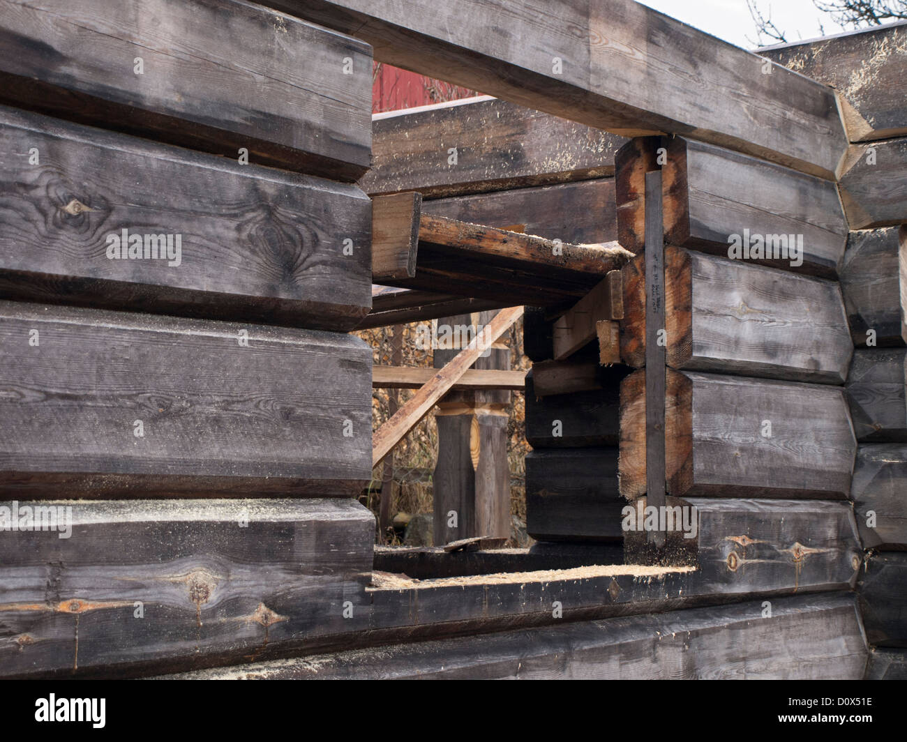 Log Cabin in costruzione in tradizionale stile norvegese in Oslo Norvegia Foto Stock