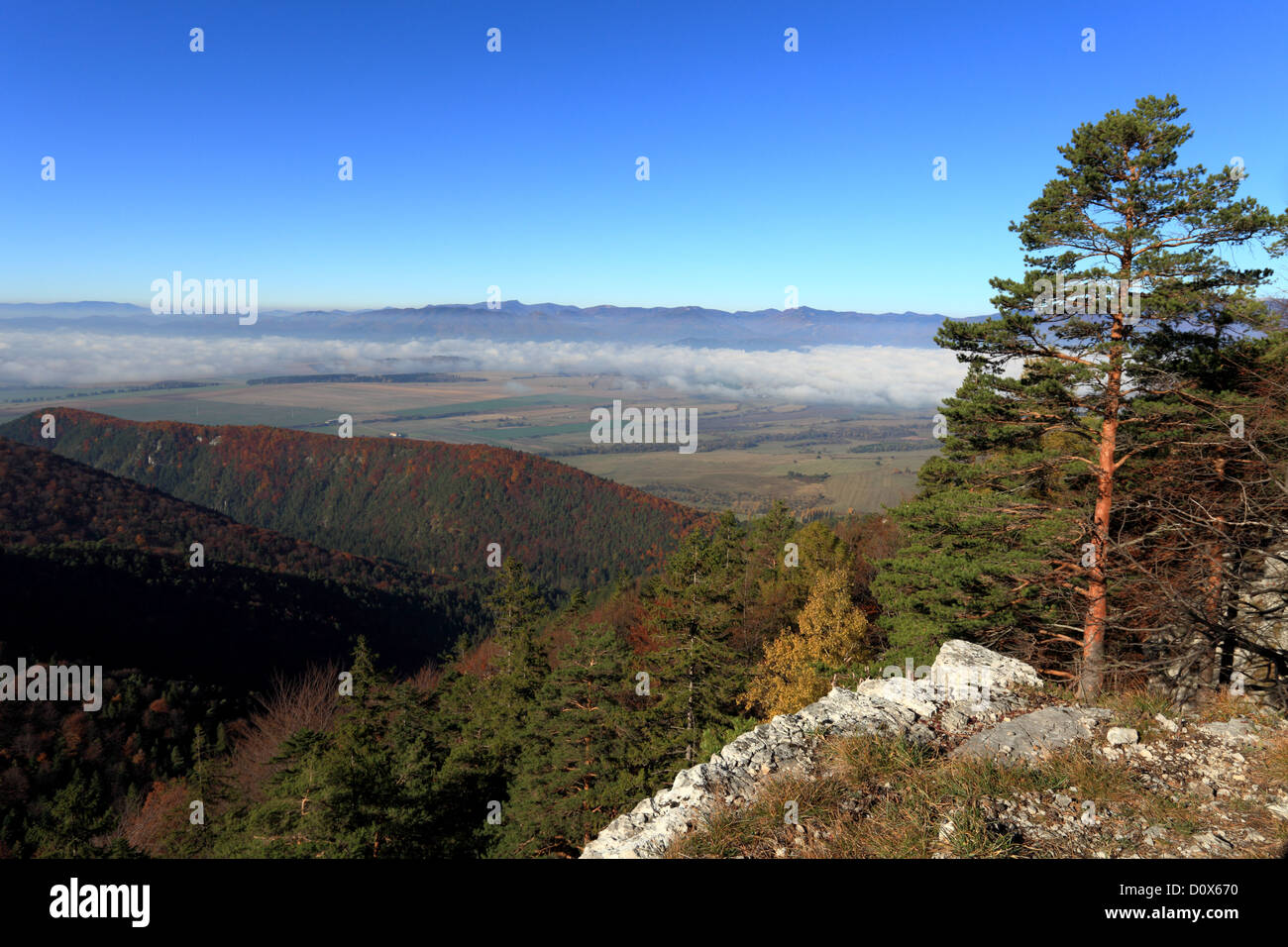 Vista della regione di Turiec e Lucanska Mala Fatra dalle scogliere al di sopra della grotta Mazarna, NP Velka Fatra. Foto Stock