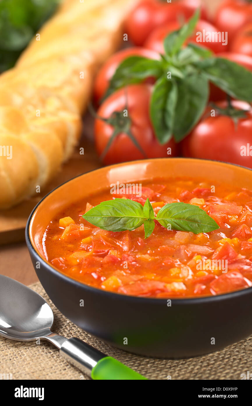 Chunky minestra di pomodoro fatto di pomodori, carote e cipolle e guarnito con una foglia di basilico Foto Stock