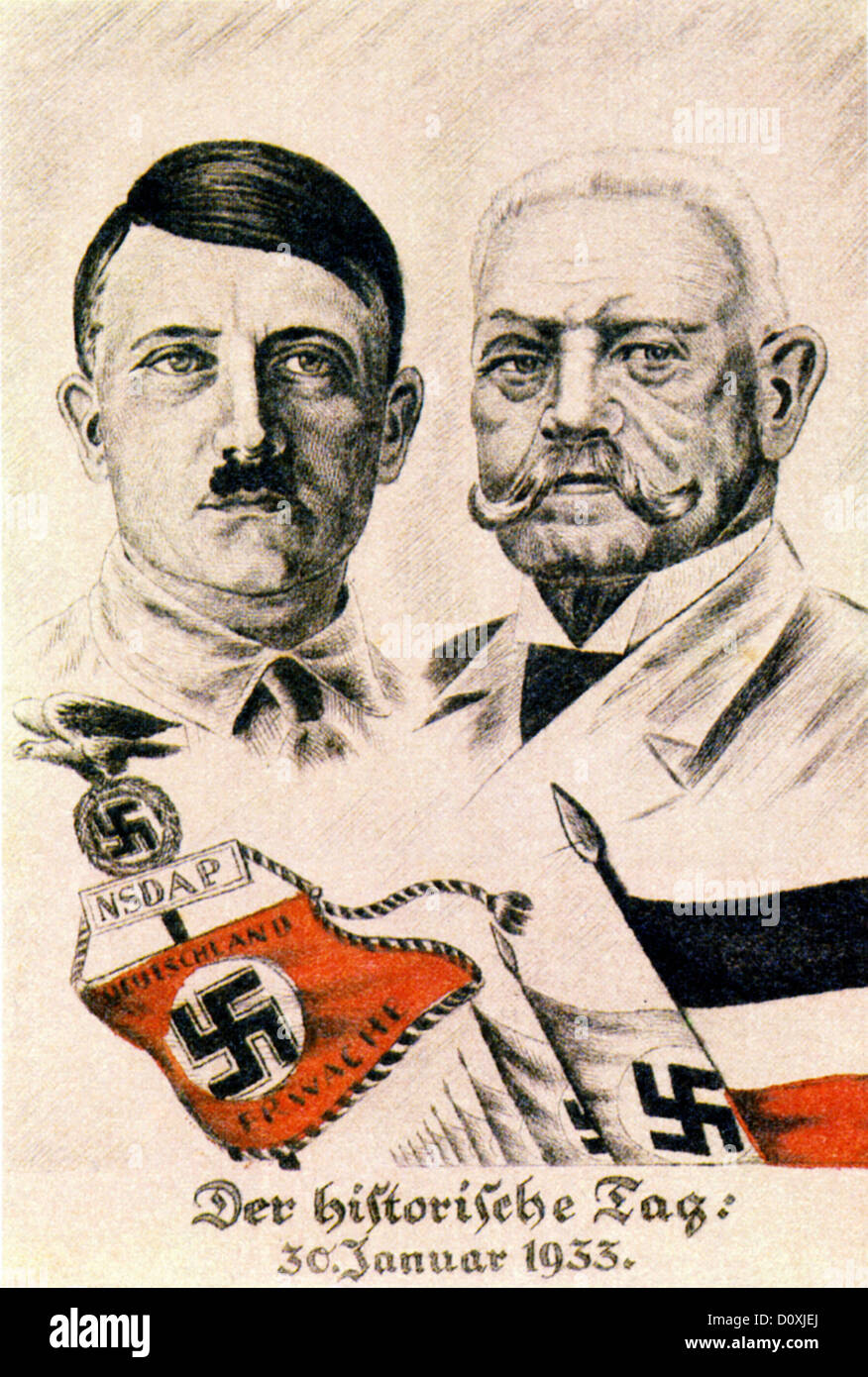 1933, Adolf Hitler, Hitler, Presidente, Paul Hindenburg, Hindenburg, Cancelliere, Germania nazista, partito NSDAP, cartolina, terzo Re Foto Stock