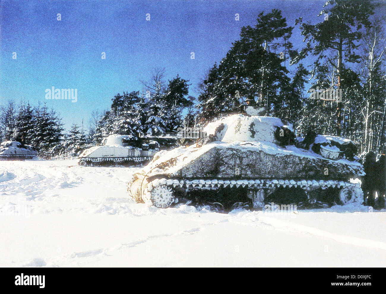 La battaglia, rigonfiamento, tre, americano, M4, Sherman, serbatoi, St. Vith, battaglia, rigonfiamento, Ardenne, offensivo, la II Guerra Mondiale, Belgio, 1944 Foto Stock