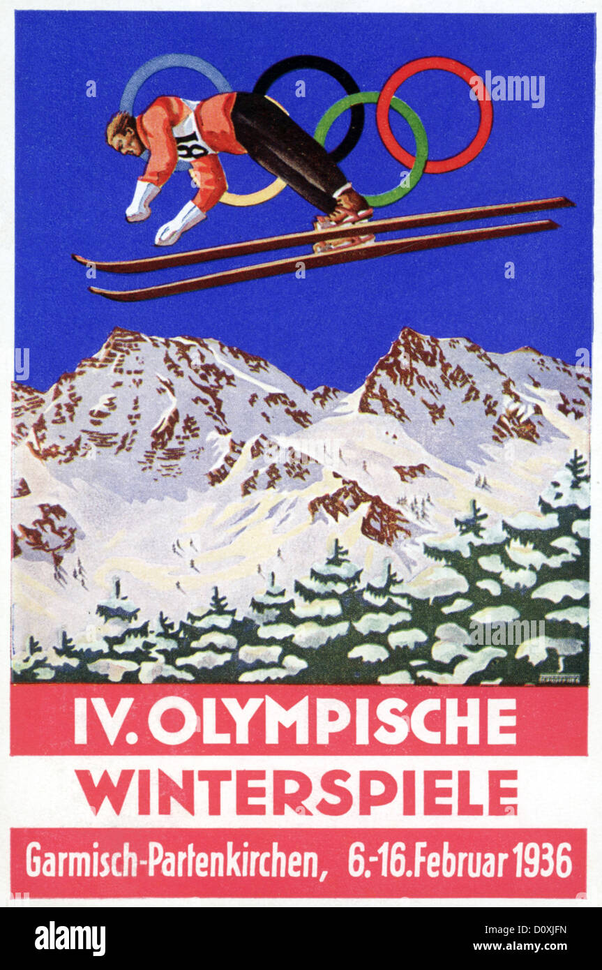 IV, Olympic Winter, giochi olimpiadi invernali, Garmisch-Partenkirchen, Baviera, cartolina, Germania, 1936, sport Foto Stock