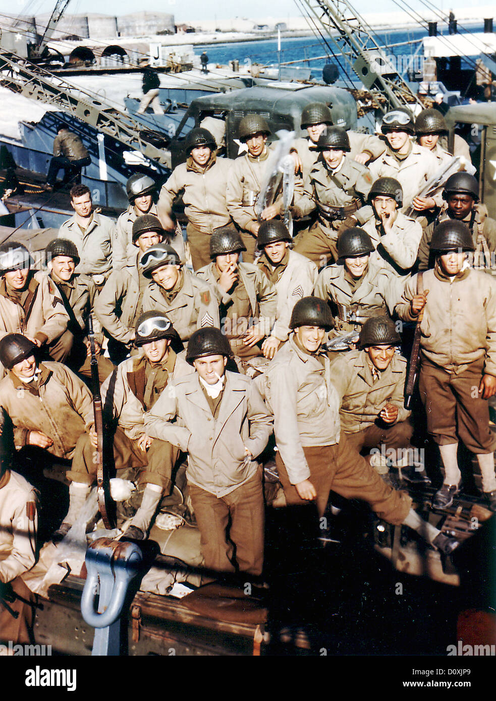 Operazione Overlord, Normandia, 1a divisione di fanteria, esercito degli Stati Uniti, Francia, soldati, uomini, battaglia abito, wind-breaker, wor Foto Stock