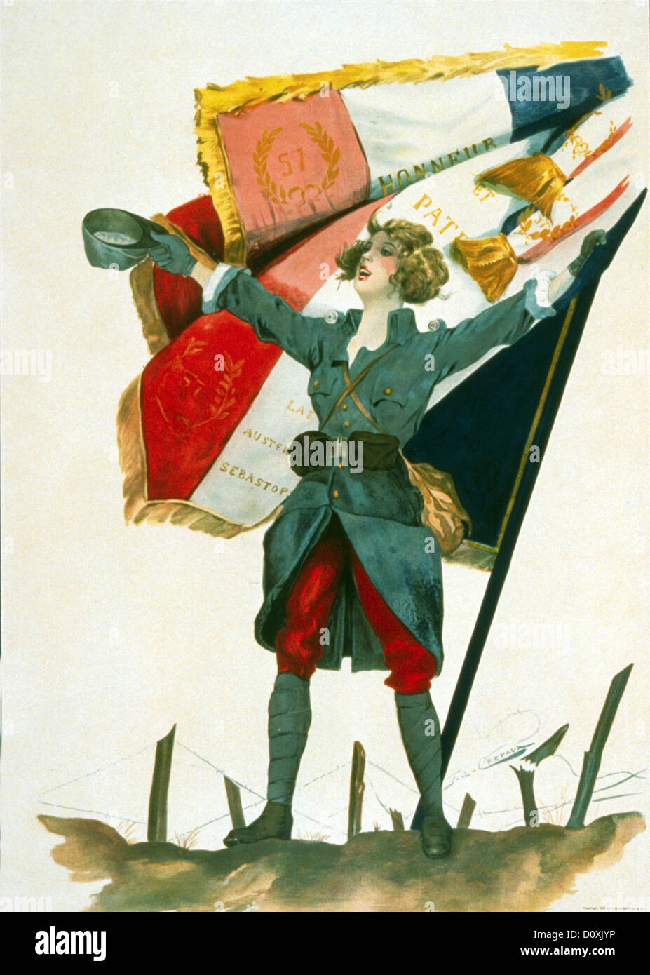 La prima guerra mondiale, Francese, propaganda, poster, donna, simbolo uniforme militare, Marianne, bandiera, Vive la France, vittoria, Parigi, Francia Foto Stock