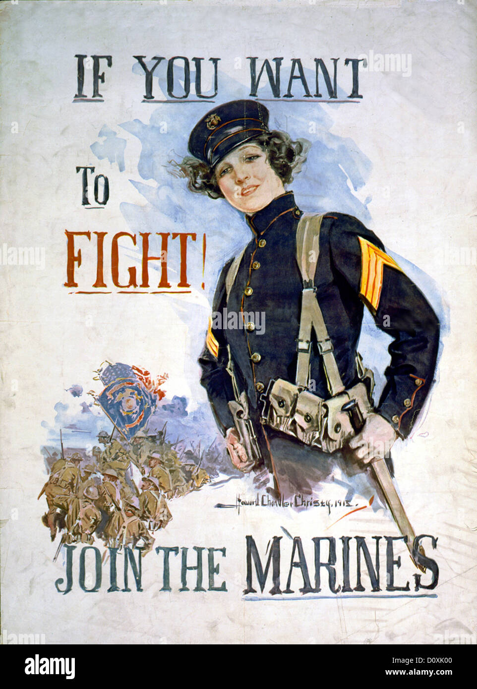 La prima guerra mondiale, americano, propaganda, poster, donna, Christy Girl, uniforme militare, le truppe, bandiera, Marines, USA, 1915, reclutamento Foto Stock