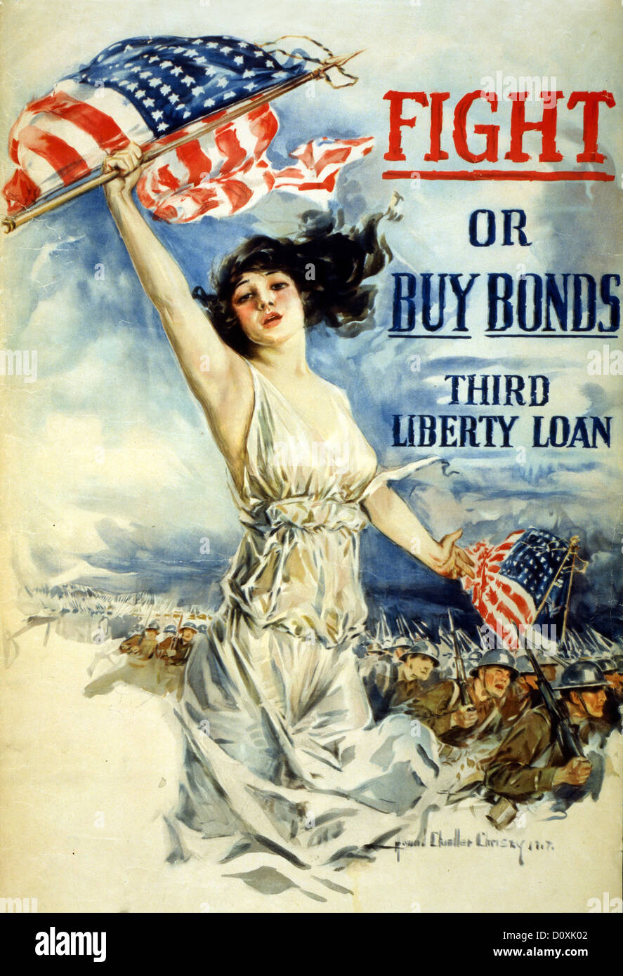 La prima guerra mondiale, americano, assunzione, poster, donna, Christy Girl, bandiera, soldati, marciando, USA, 1917, Foto Stock