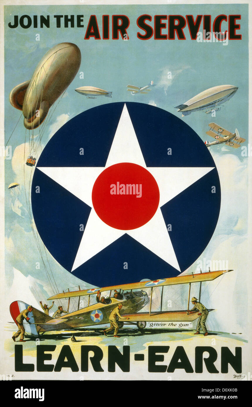 La prima guerra mondiale, americano, assunzione, poster, soldati, aeroplani e dirigibili, palloncino, star, insegne, USA, 1917, Foto Stock