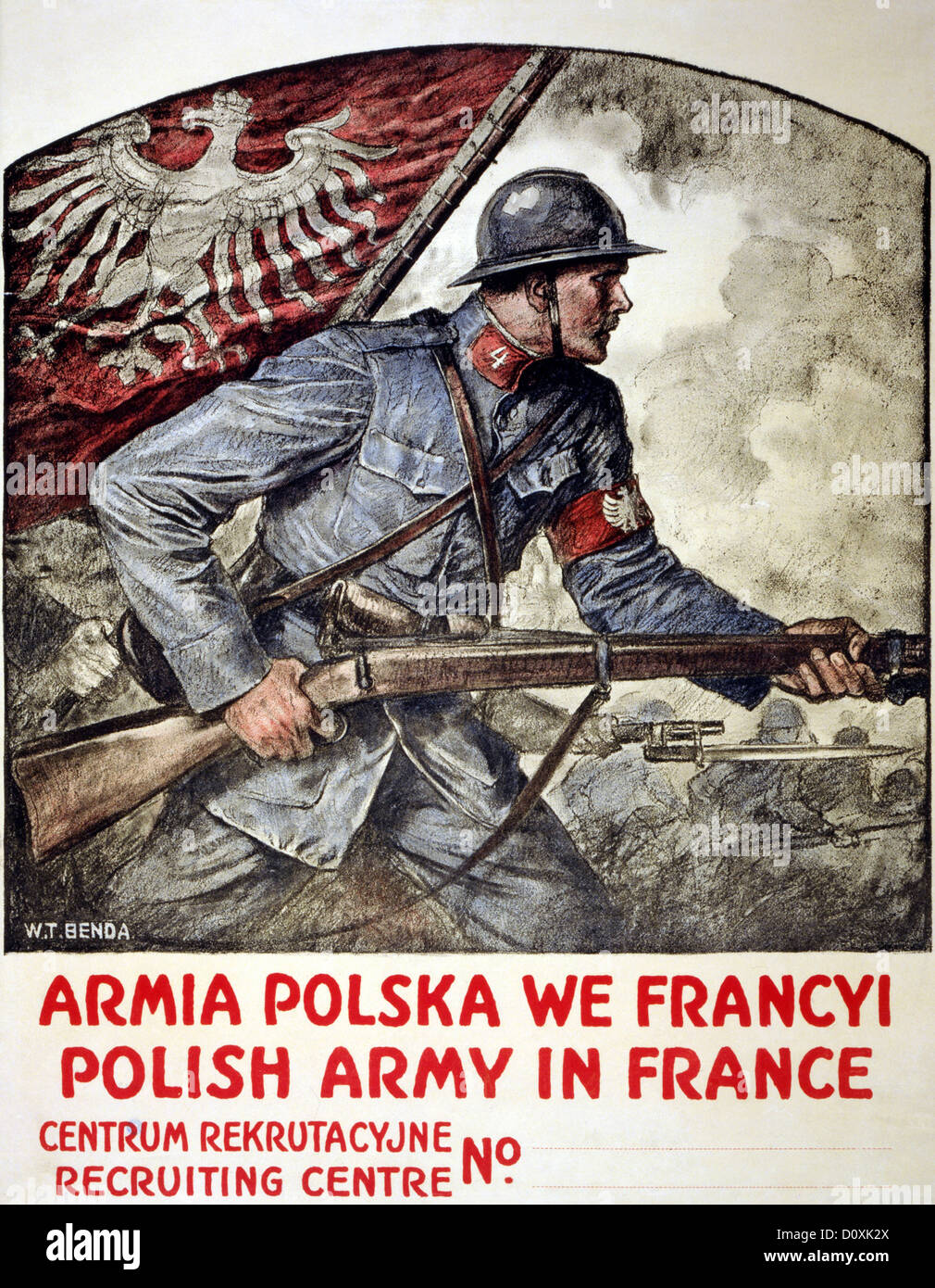 La prima guerra mondiale, poster, propaganda, Polacco, soldato, fucile, fucile, bandiera, combattimento, 1917, Francia, Foto Stock