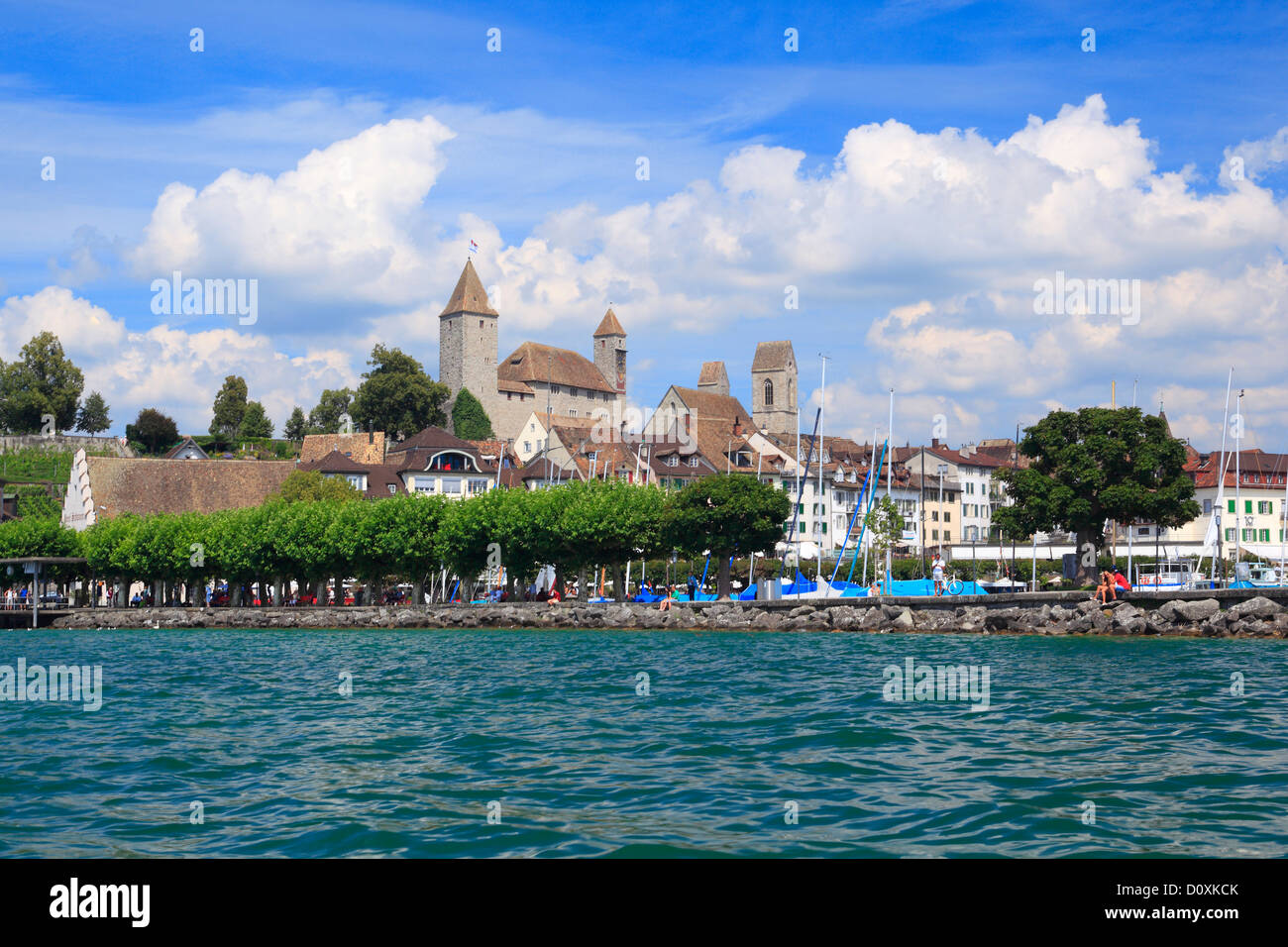 Albero, alberi, chiesa, Rapperswil, castello di Rapperswil, Svizzera, Europa, cittadina svizzera, città, lago, sole, San Gallo, città, ci Foto Stock