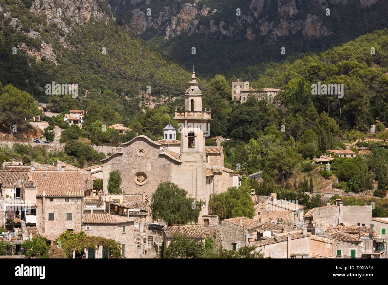 Old Town, Vista, isole Baleari, montagne, montagna di piccole città, Maiorca, Mare mediterraneo, orizzontale, Spagna, Valdemossa, pi Foto Stock