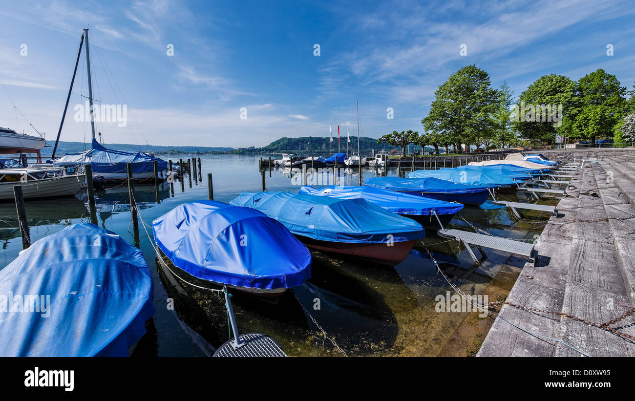 Il lago di Bienne, blu, barche, pontile, Porto, porto, il cantone di Berna, La Neuveville, Neuenstadt, Svizzera, Europa, lago, vedere Foto Stock