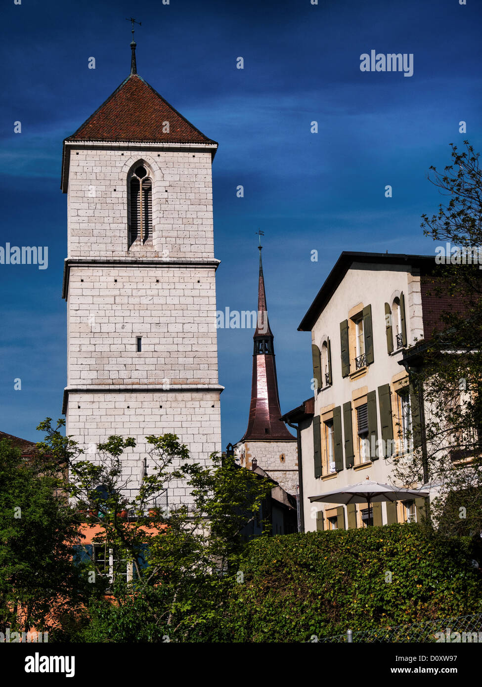 Il lago di Bienne, Canton Berna, La Neuveville, parete Neuenstadt, Svizzera, Europa, Seeland, paese, città, tower, rook, Foto Stock