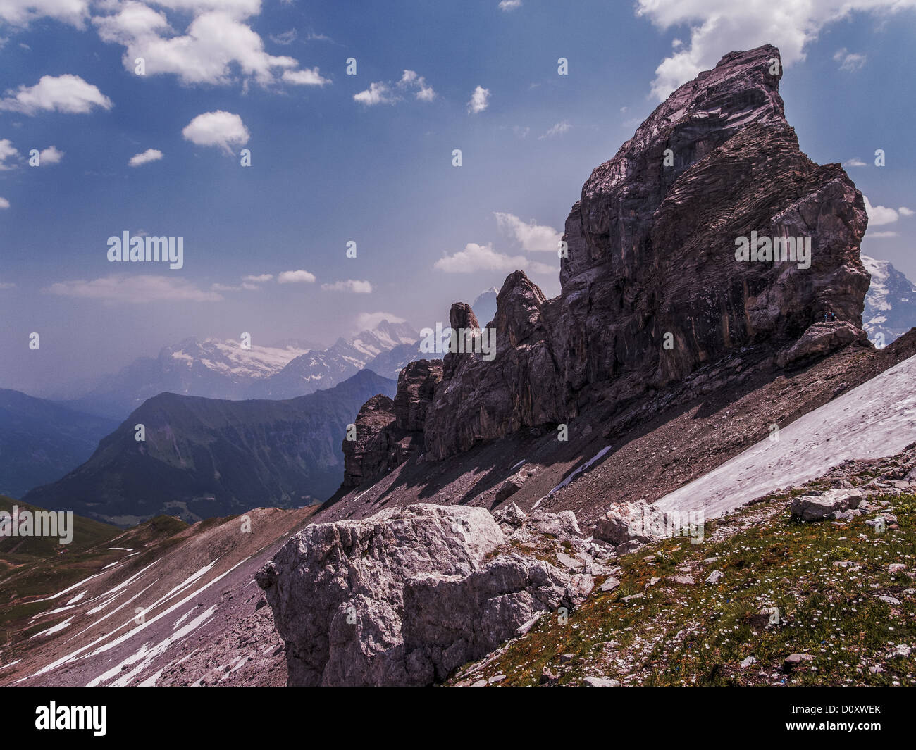 Alpi, paesaggio di montagna, Alpi Bernesi, Oberland bernese, rock, Cliff, montagne rocciose, summit, picco, sky, alpine, Isenfluh, lim Foto Stock