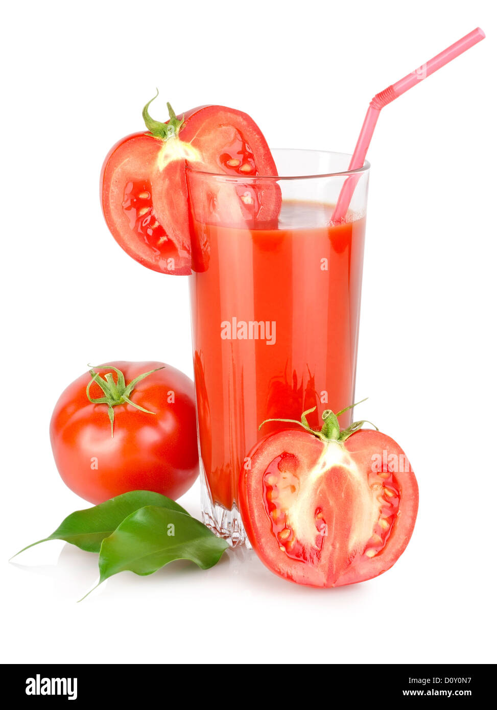 Il succo di pomodoro e il pomodoro isolato su sfondo bianco Foto Stock