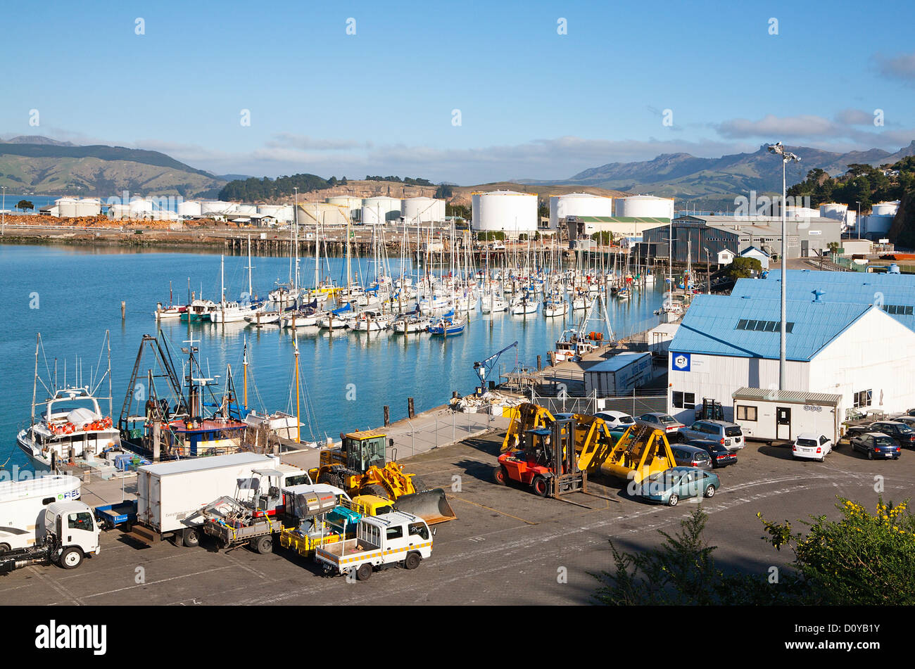 Una vista sul porto di Lyttelton Harbour. Christchurch, Canterbury, South Island, in Nuova Zelanda. Foto Stock