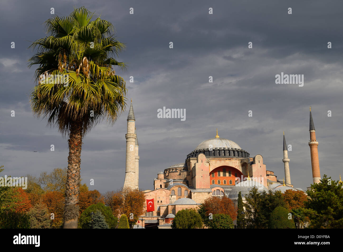 Antica Hagia Sophia e la moschea Cattedrale con palme e le nuvole in Istanbul Turchia Foto Stock