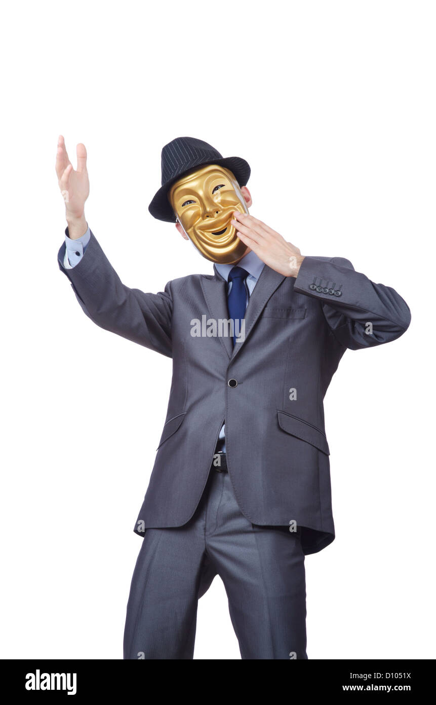 Imprenditore con maschera che nasconde la sua identità Foto Stock