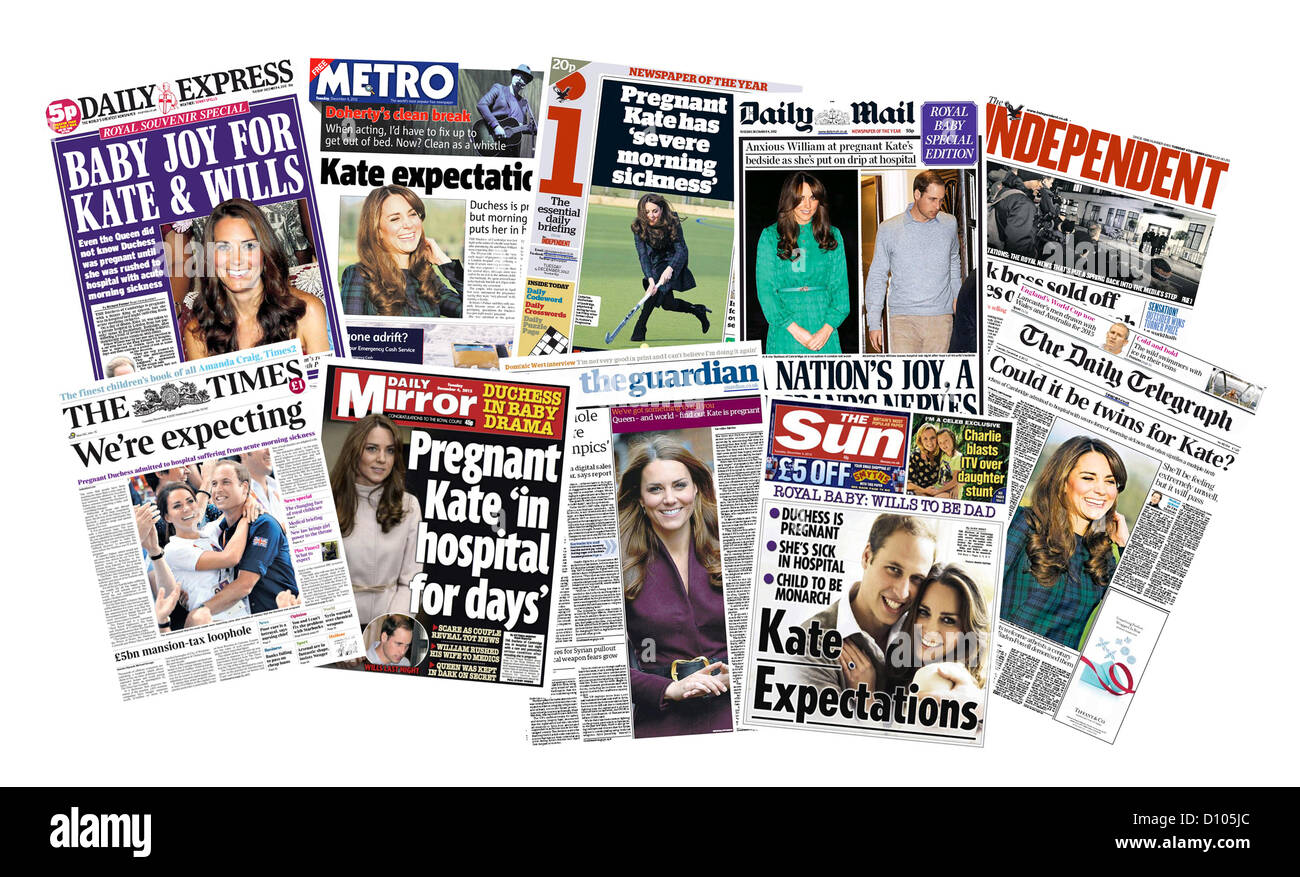 Una selezione di pagine anteriori dal British National quotidiani rompendo la notizia che il duca e Dutchess di Cambridge sono vi aspetta il primo bambino. Il 4 dicembre 2012. Jamie Mann / Alamy Live News Foto Stock