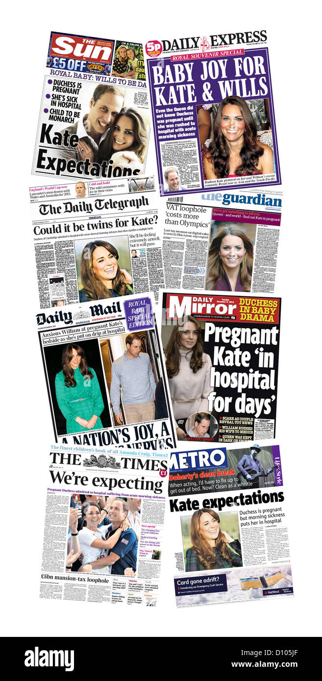 Una selezione di pagine anteriori dal British National quotidiani rompendo la notizia che il duca e Dutchess di Cambridge sono vi aspetta il primo bambino. Il 4 dicembre 2012. Jamie Mann / Alamy Live News Foto Stock