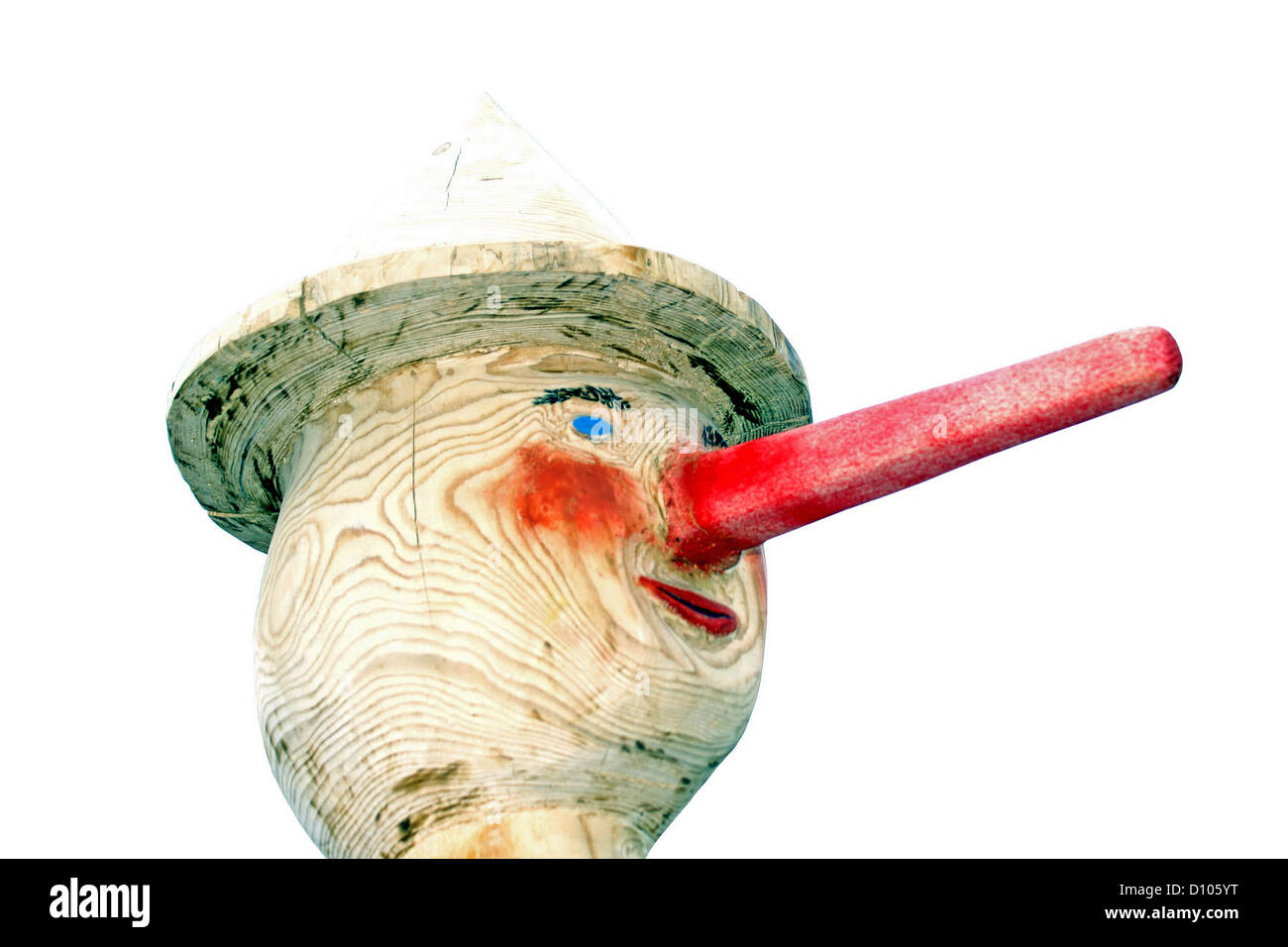 Il Pinocchio burattino faccia con il suo lungo naso rosso Foto Stock