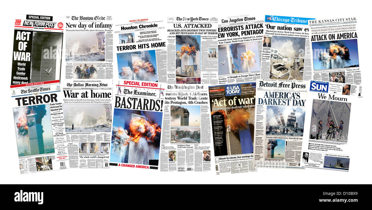 Una selezione di giornali le pagine anteriore a partire dal mese di settembre 12, 2001 reporting gli attentati negli Stati Uniti. Foto Stock