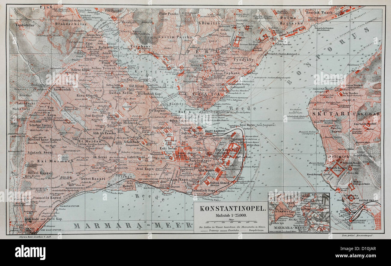 Vintage map di Costantinopoli (oggi Istanbul) alla fine del XIX secolo Foto Stock