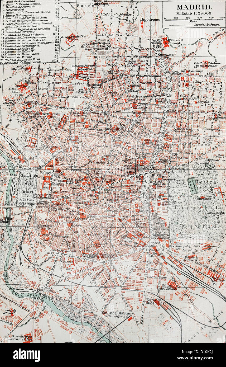 Mappa vecchia di Madrid alla fine del XIX secolo Foto Stock