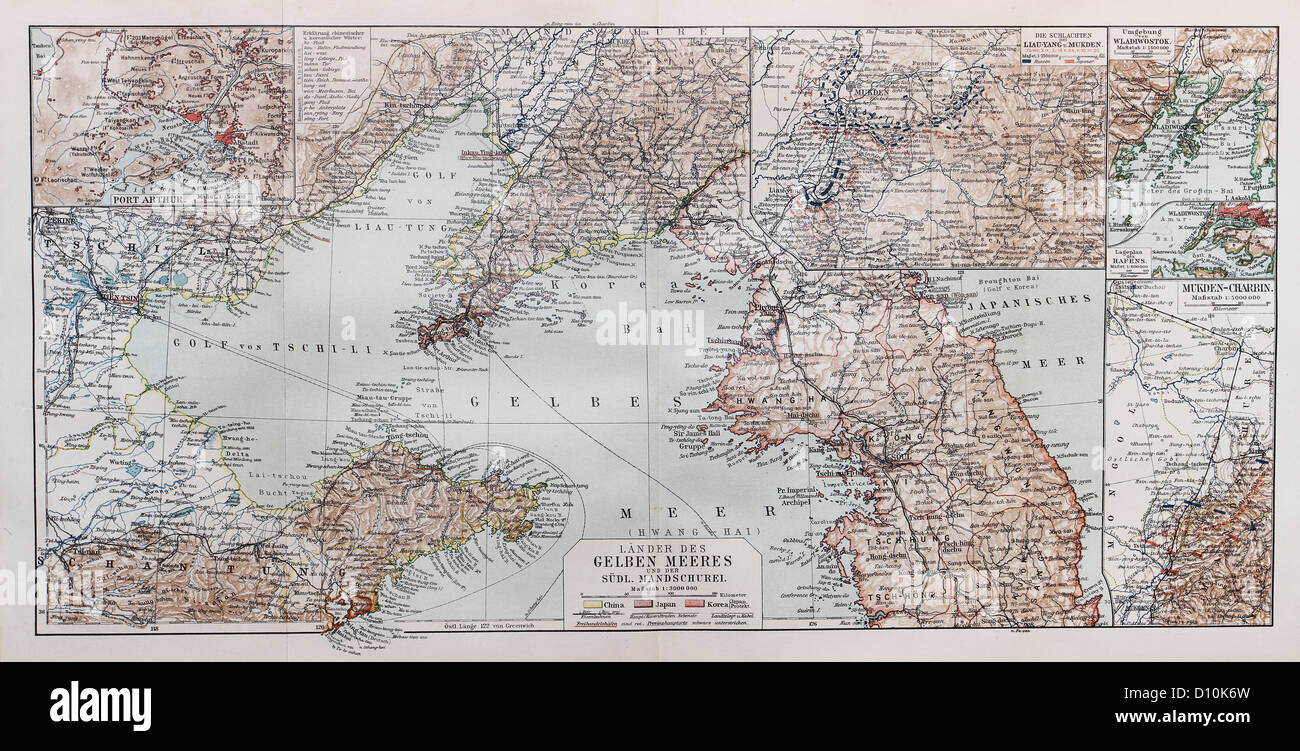 Vintage map del mar giallo alla fine del XIX secolo Foto Stock